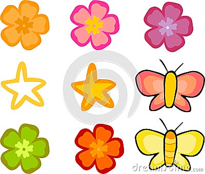 Flowers and Butterflies Set Vector Illustration