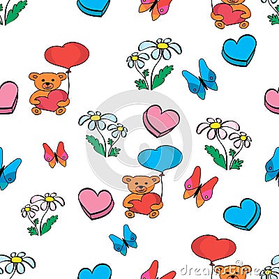 Flowers butterfly Bear with a heart pattern Vector Illustration