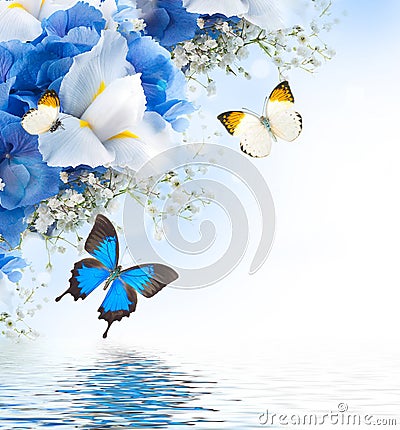 Flowers and butterfly, blue Stock Photo