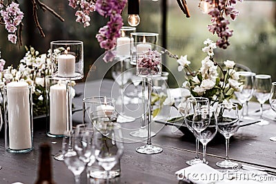 Wine glasses candle centerpieces Stock Photo