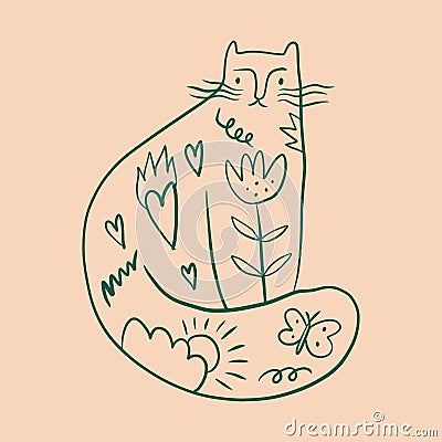 Flowers cat groovy cute comic character boho doodle modern art print funny handdrawn childish cartoon funky trendy style Vector Illustration