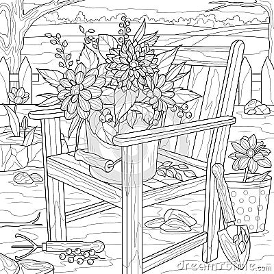 Flowers on a chair in the yard. Gardening.Coloring book antistress for children and adults. Vector Illustration