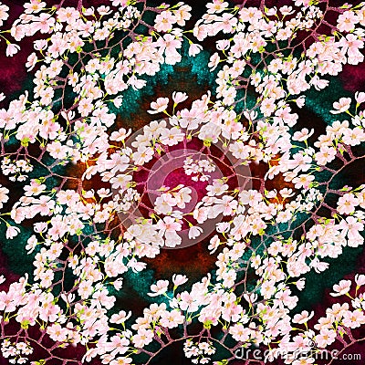 Flowers of cherry tree. Seamless pattern. Abstract wallpaper with floral motifs. Wallpaper. Stock Photo