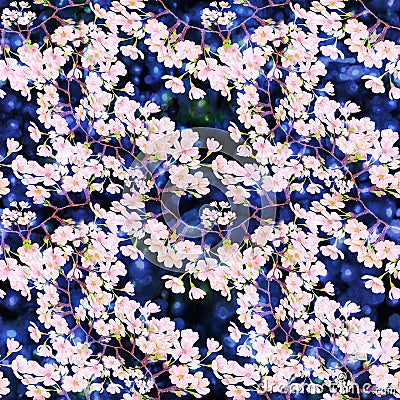 Flowers of cherry tree. Seamless pattern. Abstract wallpaper with floral motifs. Wallpaper. Stock Photo