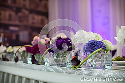 Flowers closeup at wedding reception table in purple Stock Photo