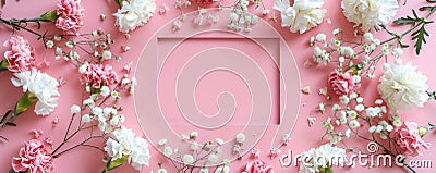 Flowers composition. Frame made of carnation flowers on pink background. Flat lay, top view, copy space Stock Photo