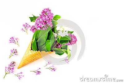 Flowers composition. Lilac in waffle cone. Flat lay, top view, copy space. Concept of proposal, attraction, gratitude Stock Photo