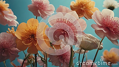 Flowers composition. Yellow and peach flowers on soft blue background. Flat lay, copy space Stock Photo