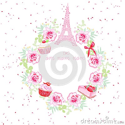 Flowers, cupcakes, Eiffel tower and bow vector design frame Vector Illustration