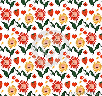 Flowers cute pattern, smile flower face cartoon seamless background, vector illustration. Happy Valentines Day Vector Illustration