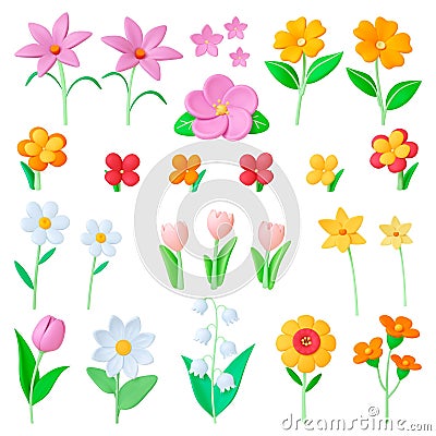 Flowers 3d elements. Summer flower toy, clay render plasticine imitation. Color tulips, chamomile, grass. Isolated daisy Vector Illustration