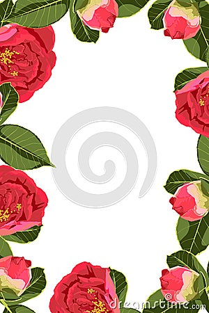 Flowers design border frame template with green leaves and red roses peony flowers couple. Vector Illustration