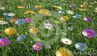 Flowers of different colors, in a grass field. Stock Photo