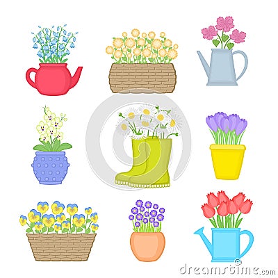 Flowers in different pots. Set of spring flowers. Vector illustration isolated Vector Illustration