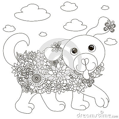 Flowers dog coloring page anti-stress Vector Illustration