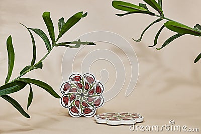 flowers draw e podium or stone beauty with ruscus plants. Product promotion Beauty cosmetic showcase. Stock Photo