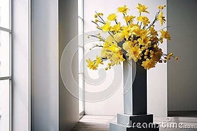 Big bouquet of yellow flowers on pedestal with copy space, room with fresh dahlias Stock Photo