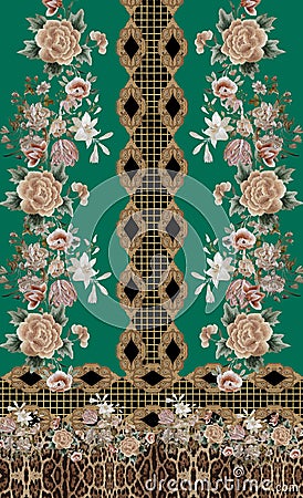 Flowers embroidery baroque gold green elegant Stock Photo