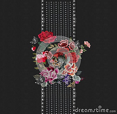 Flowers embroidery geometric circle mandala ethnic Stock Photo