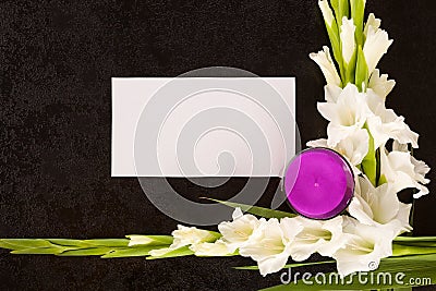 Gladioly flowers with blank paper for obituary notice. Stock Photo