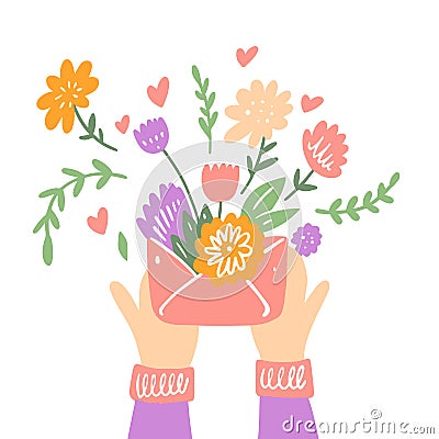 Flowers in envelope colorful sign hand drawn vector art illustration. Vector Illustration