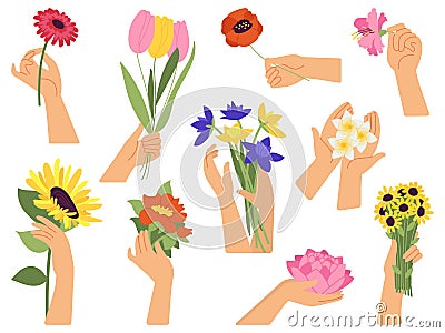 Flowers in female hands. Hand holding bouquets, spring summer garden flower. Botanical collection, women gift and Vector Illustration