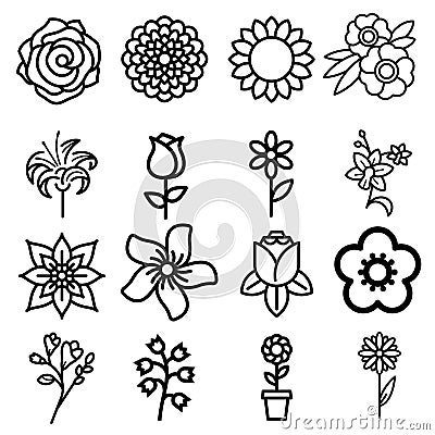 Flowers flat line icons. Beautiful garden plants - chamomile, sunflower, rose flower, lotus, carnation, dandelion, violet blosso Vector Illustration