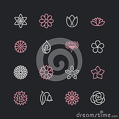 Flowers flat line icons. Beautiful garden plants - chamomile, sunflower, rose flower, lotus, carnation, dandelion Vector Illustration