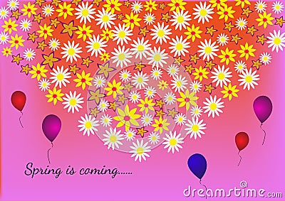 Flowers in the form of heart on a colorful background with note spring is coming. Vector Illustration