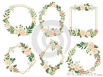 Flowers frame. Flower border frames, round bloom and decorative wedding floral square card vector illustration set Vector Illustration