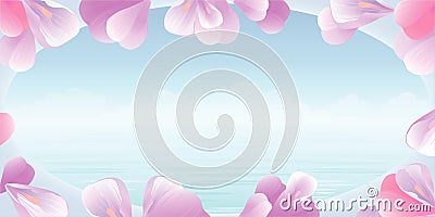 Flowers frame. Pink petals against background of turquoise sea. View from the window. Vector Vector Illustration