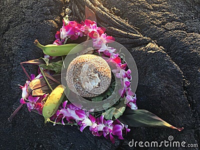 Flowers and fruit offering to God on lava plane in Hawaii Stock Photo