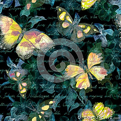 Flowers, glowing butterflies, hand written text note at black background. Watercolor. Seamless pattern Stock Photo