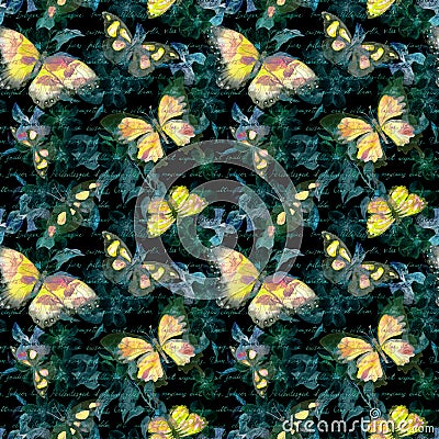 Flowers, glowing butterflies, hand written text note at black background. Watercolor. Seamless pattern Stock Photo