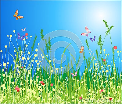 Flowers, grass and butterfly Vector Illustration