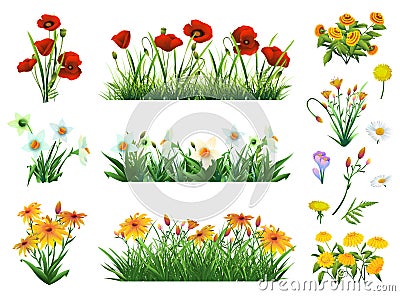 Flowers and grass set Vector Illustration