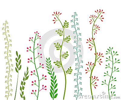 Flowers and Grass on White Grassland Collection Vector Image Vector Illustration