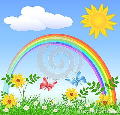 Flowers with green grass and rainbow Vector Illustration