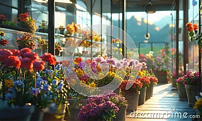 flowers in a greenhouse. woman collects a bouquet in a glassed flower shop Stock Photo