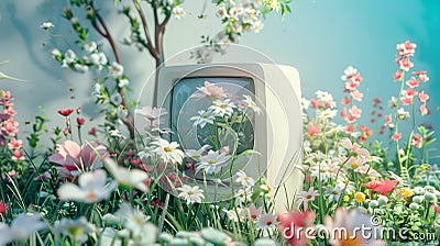 Flowers grew out of a white computer, surrounded by flowers and grass in the style of cinema4d rendering Stock Photo