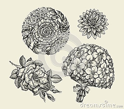 Flowers. Hand drawn sketch flower, rose, peony, lotus, orchid, bouquet. Vector illustration Vector Illustration