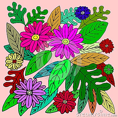 FLOWERS&LEAVES ON SHINY COLOURFUL TONES Cartoon Illustration