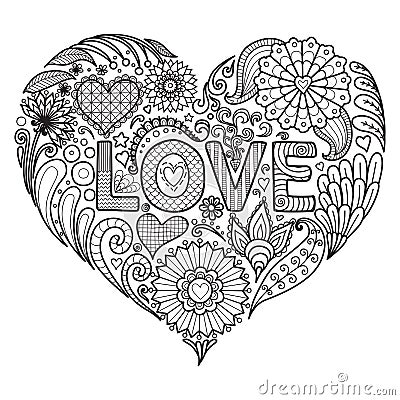 Flowers in heart shape for coloring books for adult or valentines card Vector Illustration