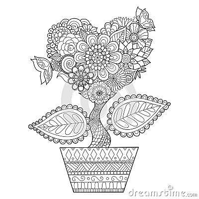 Flowers in heart shape on a pot line art design for coloring book for adult, tattoo, T- Shirt graphic, cards and so on Vector Illustration