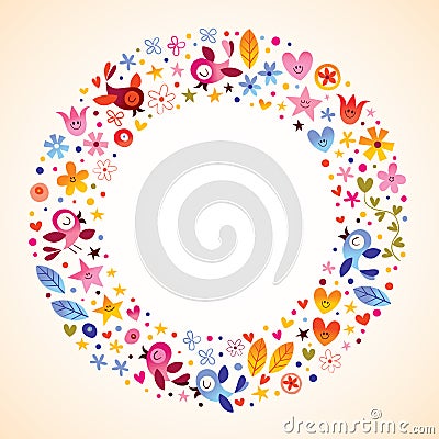 Flowers, hearts, birds love nature circle border Vector Illustration