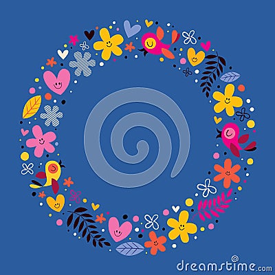 Flowers, hearts, birds love nature circle frame background Vector Illustration