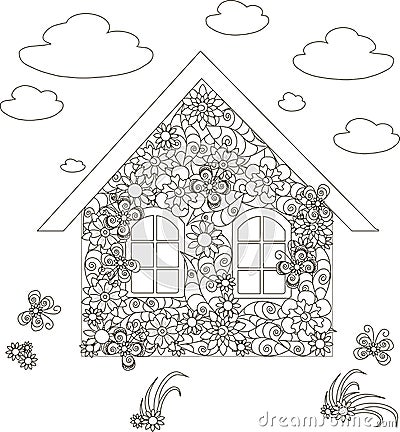 Flowers home, adult coloring page anti-stress stock Vector Illustration