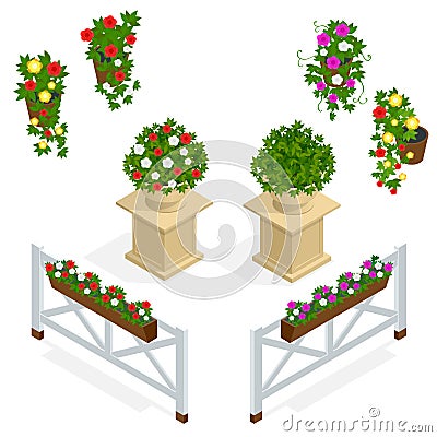 Flowers icon. Design elements for the cafe. Isometric vector flowers elements for landscape design. Flowers background Vector Illustration