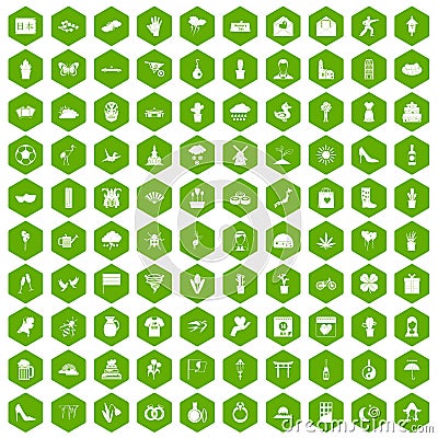 100 flowers icons hexagon green Vector Illustration