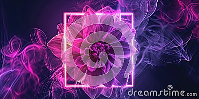 Flowers Illuminated With Neon Magenta Light Square On Dark Square Frame Stock Photo